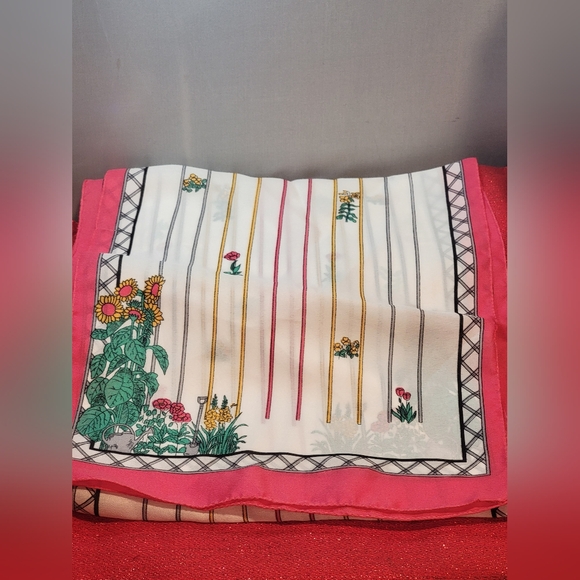 VINTAGE 60s Floral Striped Scarf 100% Polyester/ Made in Italy Garden Design - Picture 2 of 11